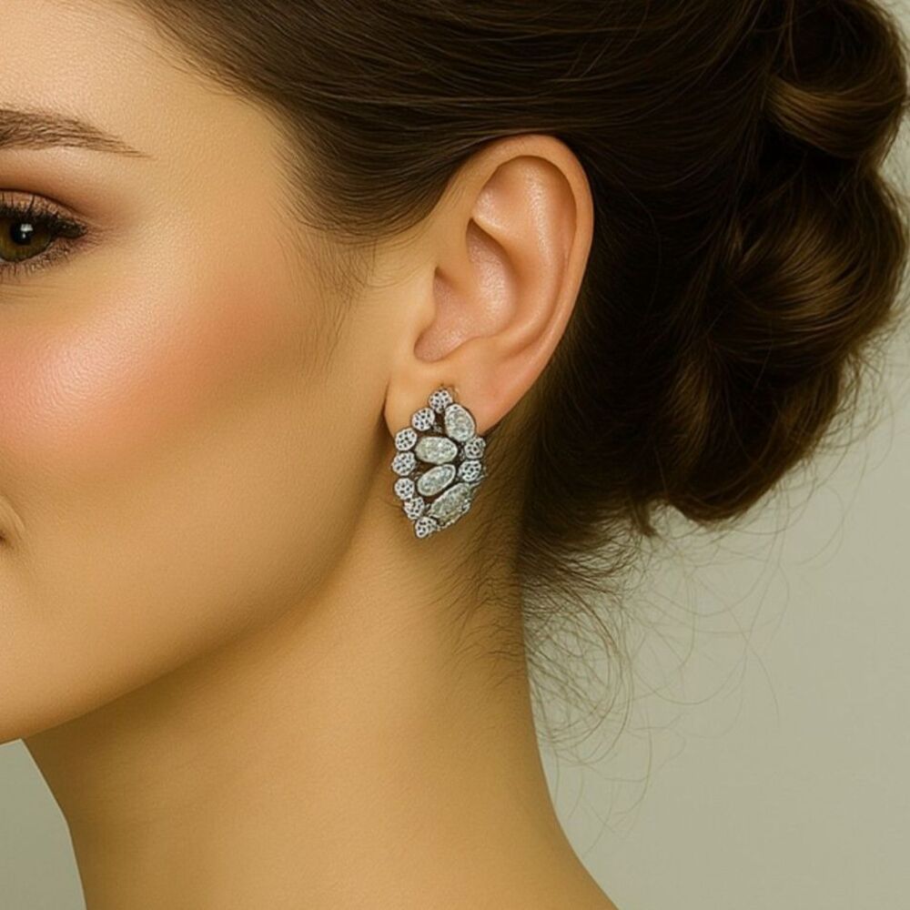 Vintage Sarah Coventry Silver tone Faux Moonstone and Rhinestone Clip on Earring